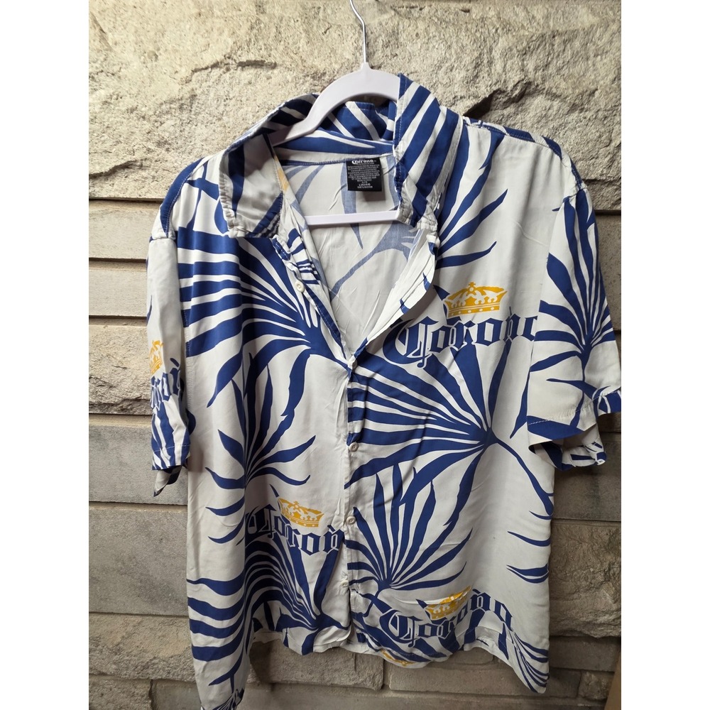 Corona Extra Mens Blue White Palm Leaf Rayon Button Down Shirt Large L 42/44
